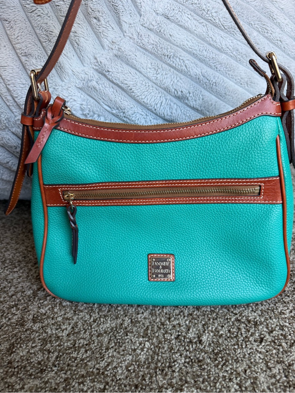 Dooney & Bourke Presley Spearmint Teal Pebbled Leather Crossbody with Brown Trim